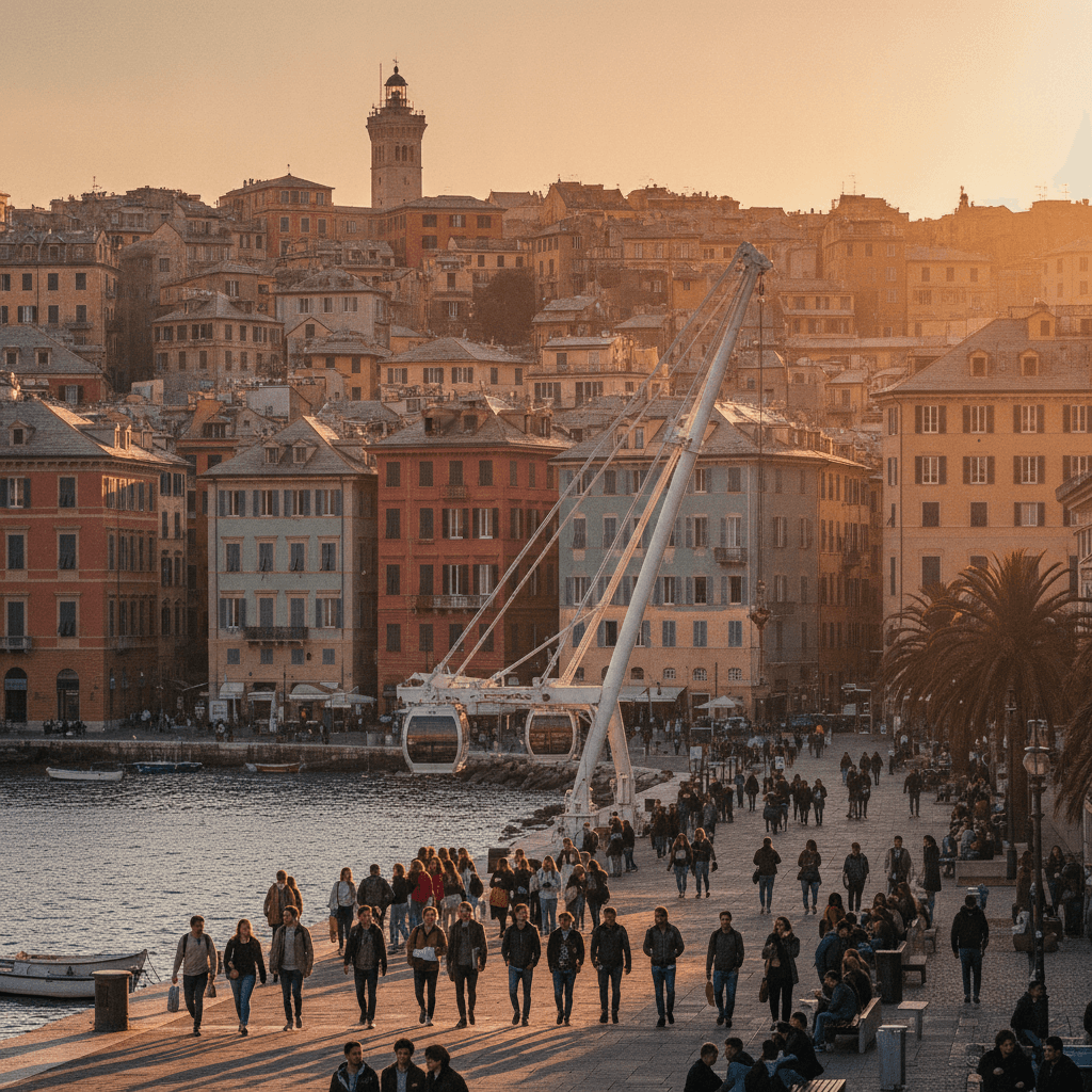 Alloggi Erasmus a Genova: panorama del Porto Antico e dei caruggi storici al tramonto