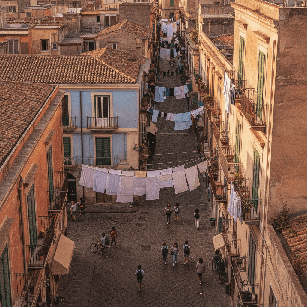 Calles del centro histórico de Nápoles con estudiantes — mejores barrios para alquilar habitaciones en Nápoles