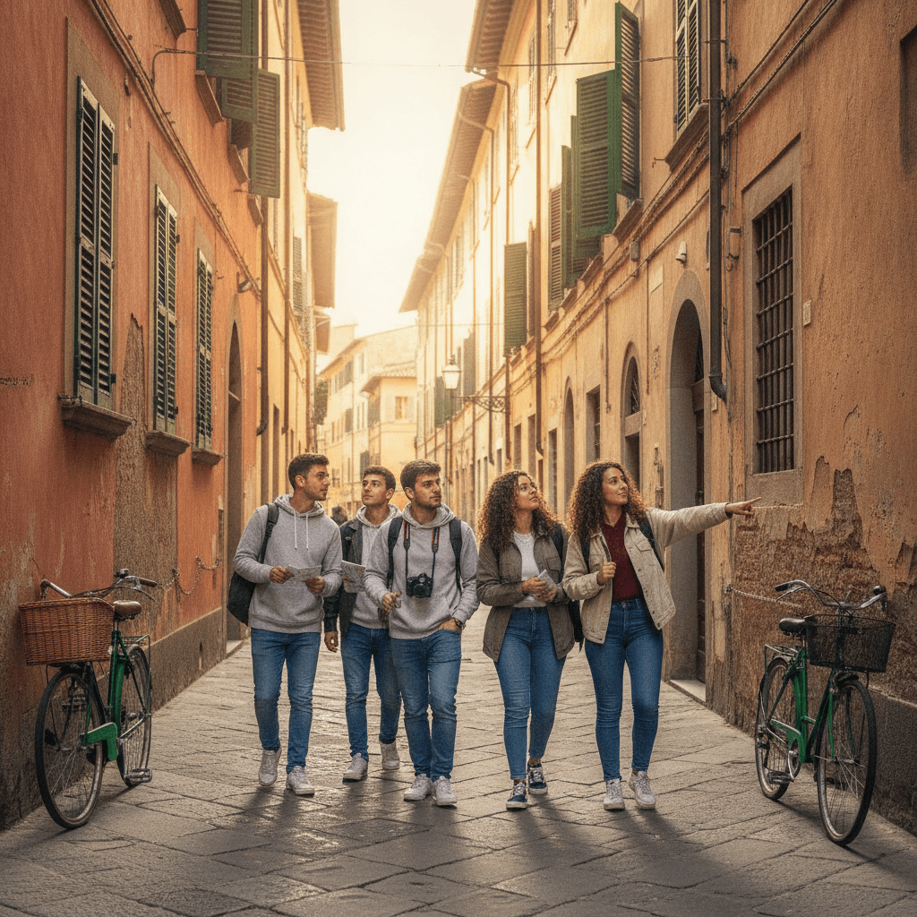 Studenti universitari camminano in un quartiere residenziale di Pisa tra palazzi storici — quartieri per studenti a Pisa